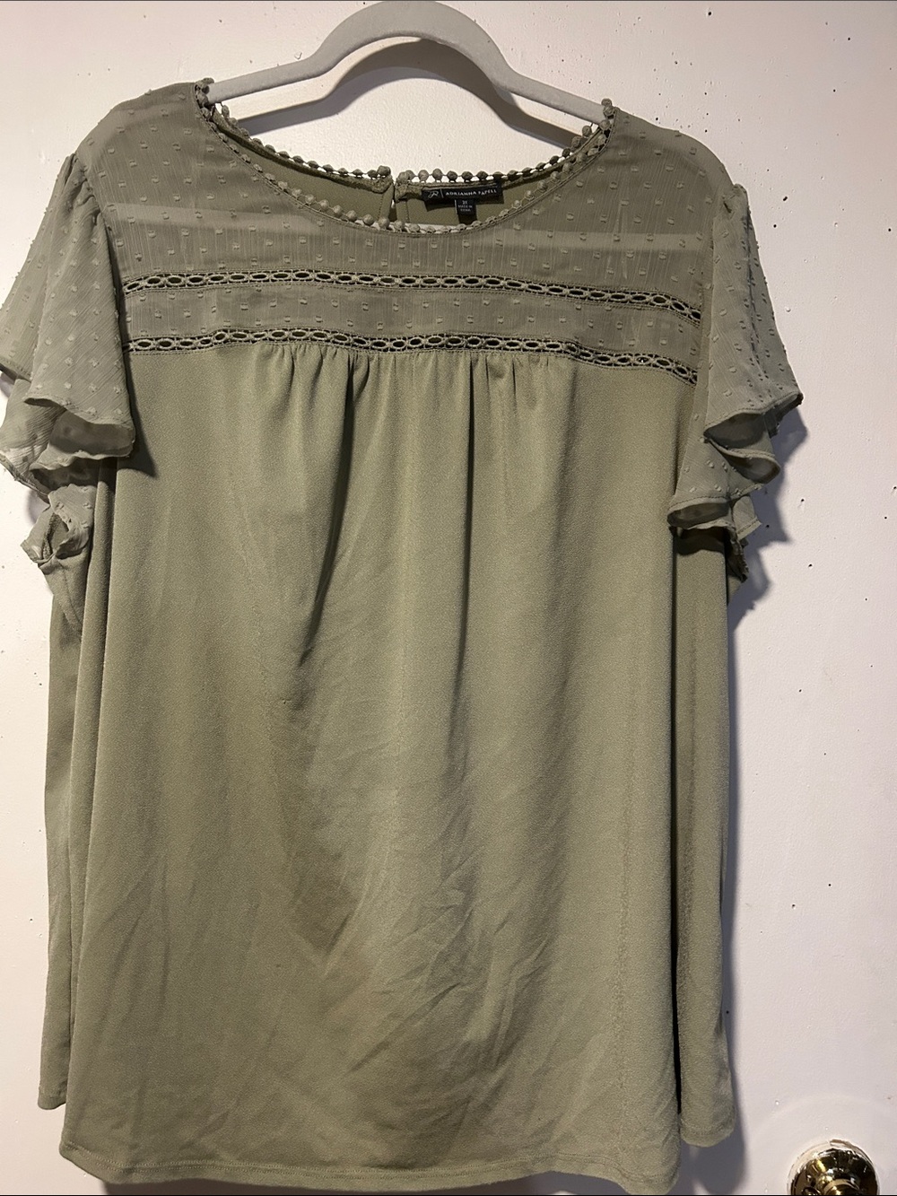 Adrianna Papell Olive Green Short Sleeve Lace Yoke Blouse